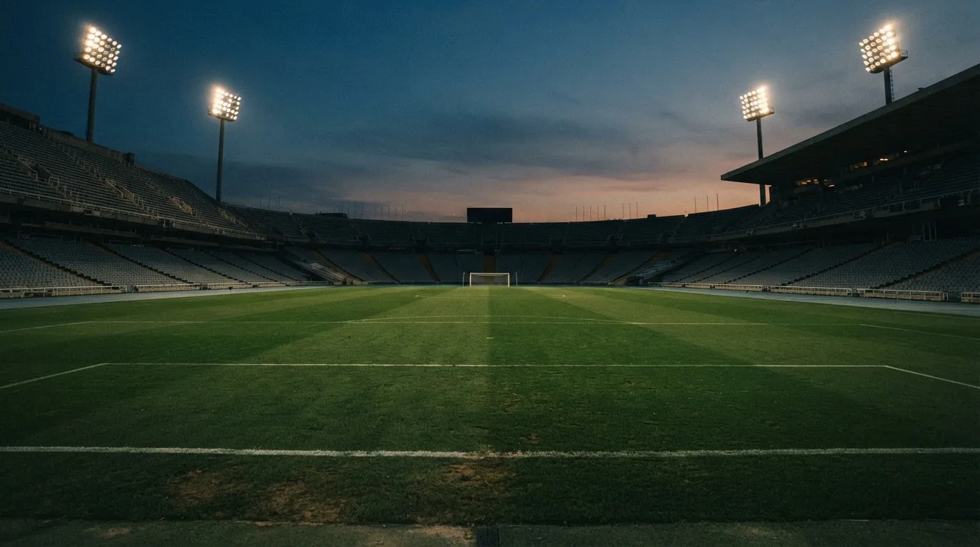 An empty football stadium with floodlight masts at dusk