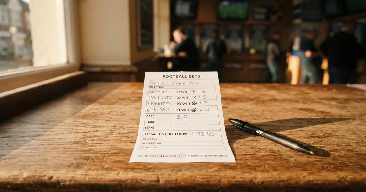 A blank paper betting slip beside a pen on a wooden counter