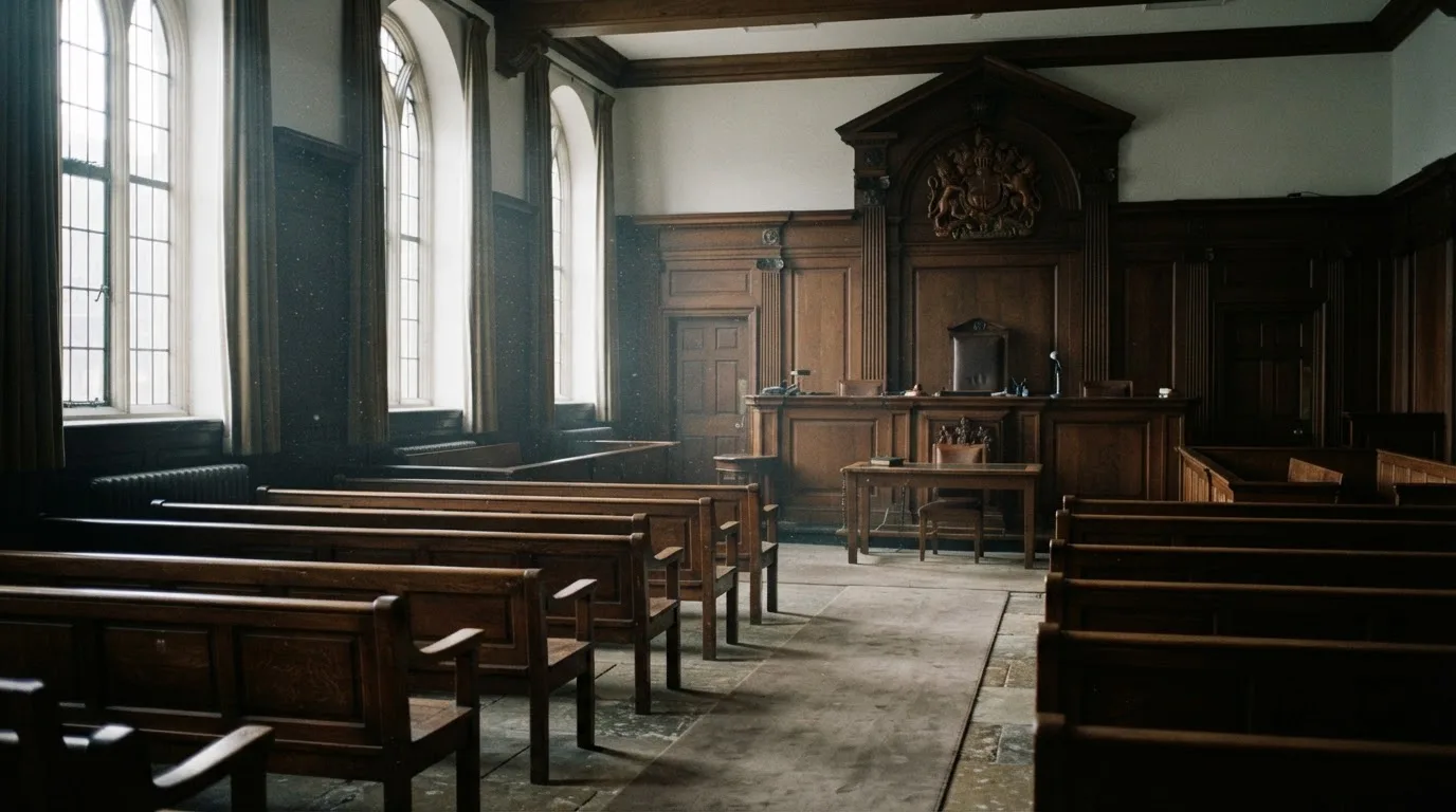 An empty courtroom with wooden benches in morning light