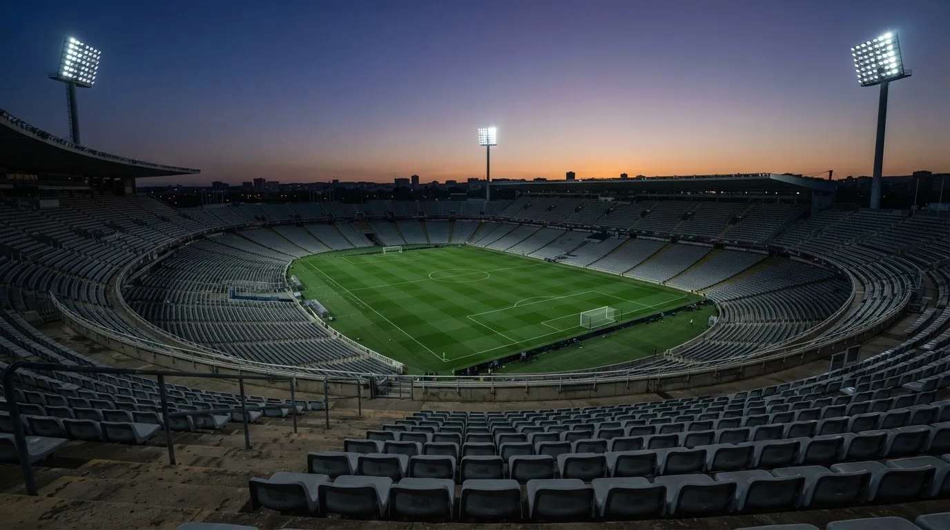 An empty football stadium with floodlight masts at dusk
