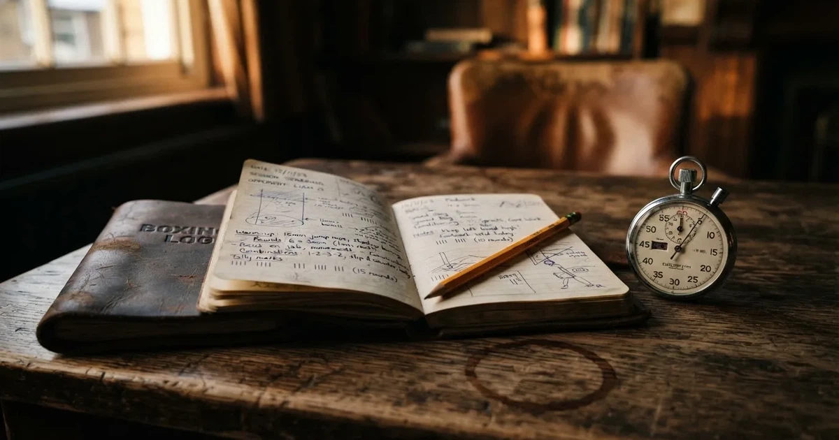 An open notebook with a pencil and a stopwatch on a wooden table
