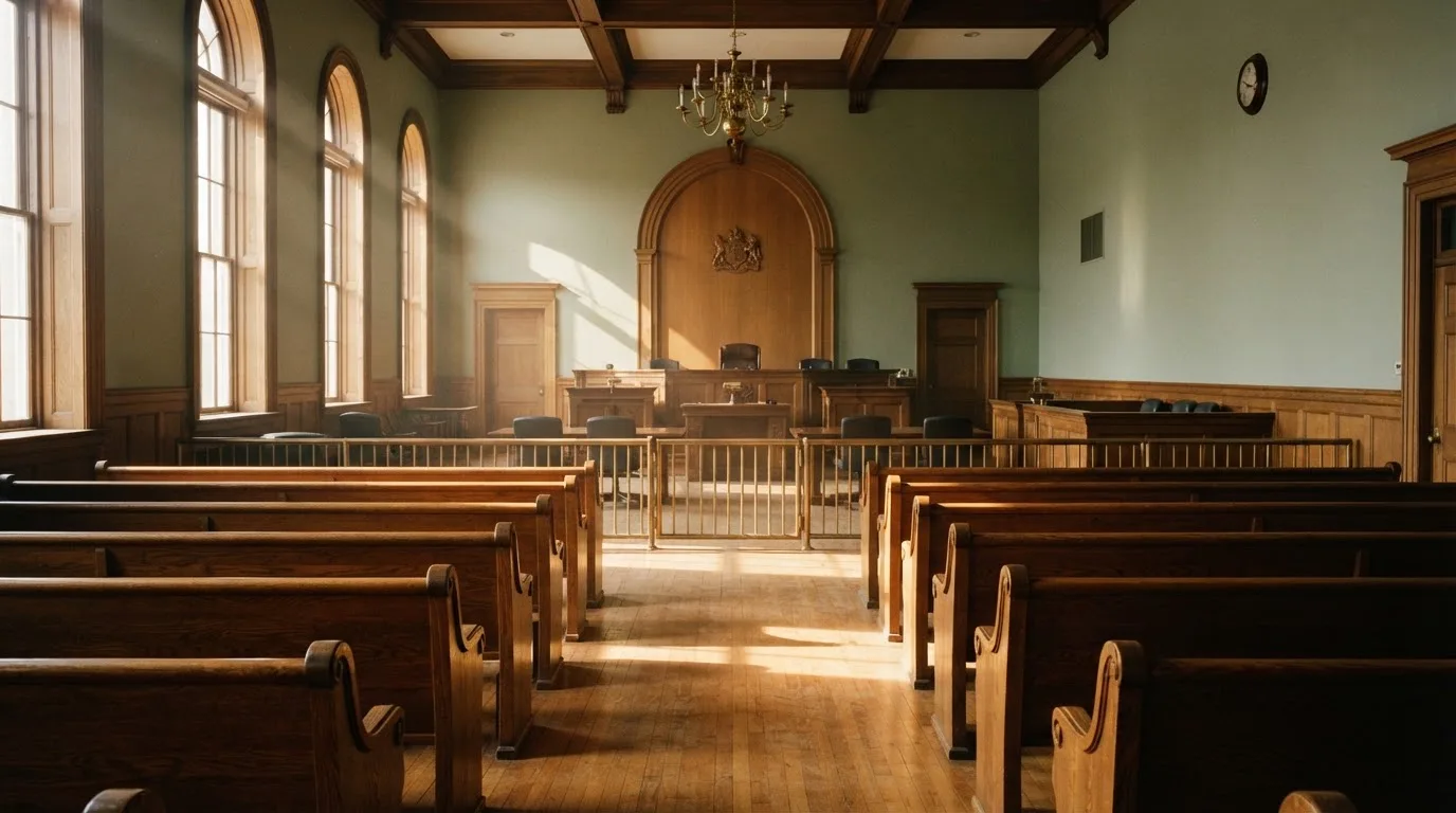 An empty courtroom with wooden benches in morning light