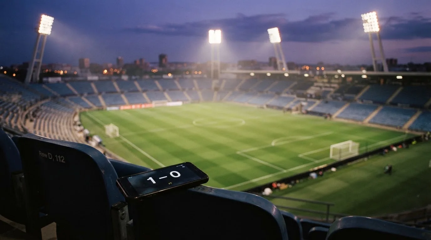 An empty football stadium with floodlight masts at dusk