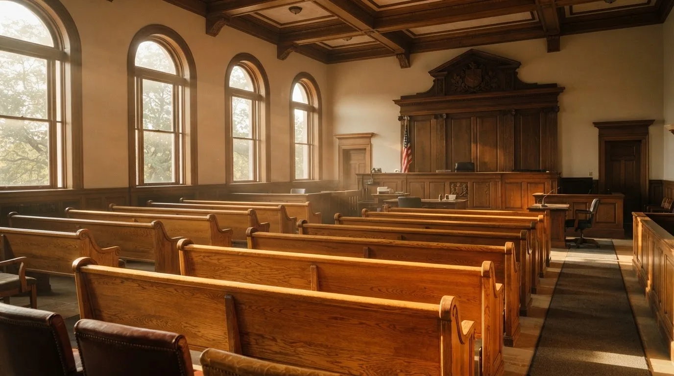 An empty courtroom with wooden benches in morning light