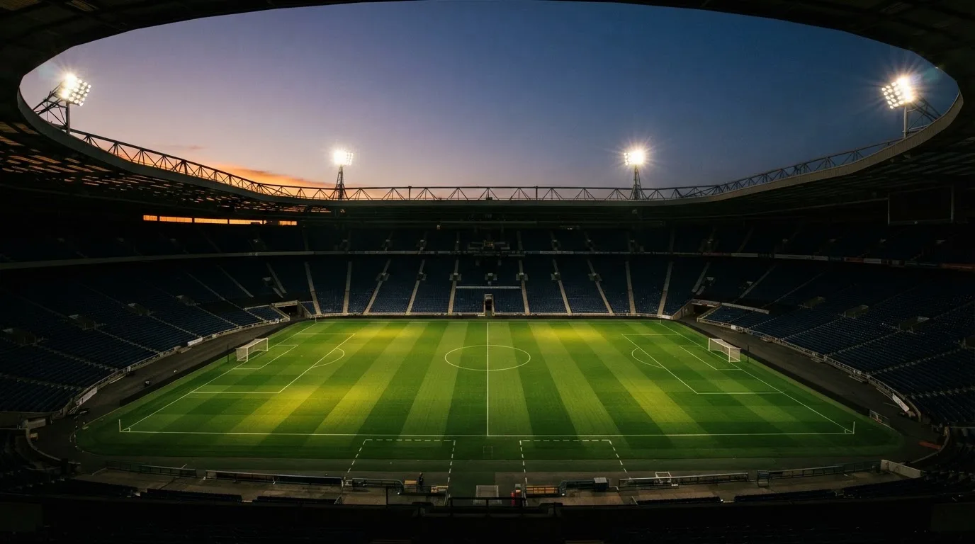 An empty football stadium with floodlight masts at dusk