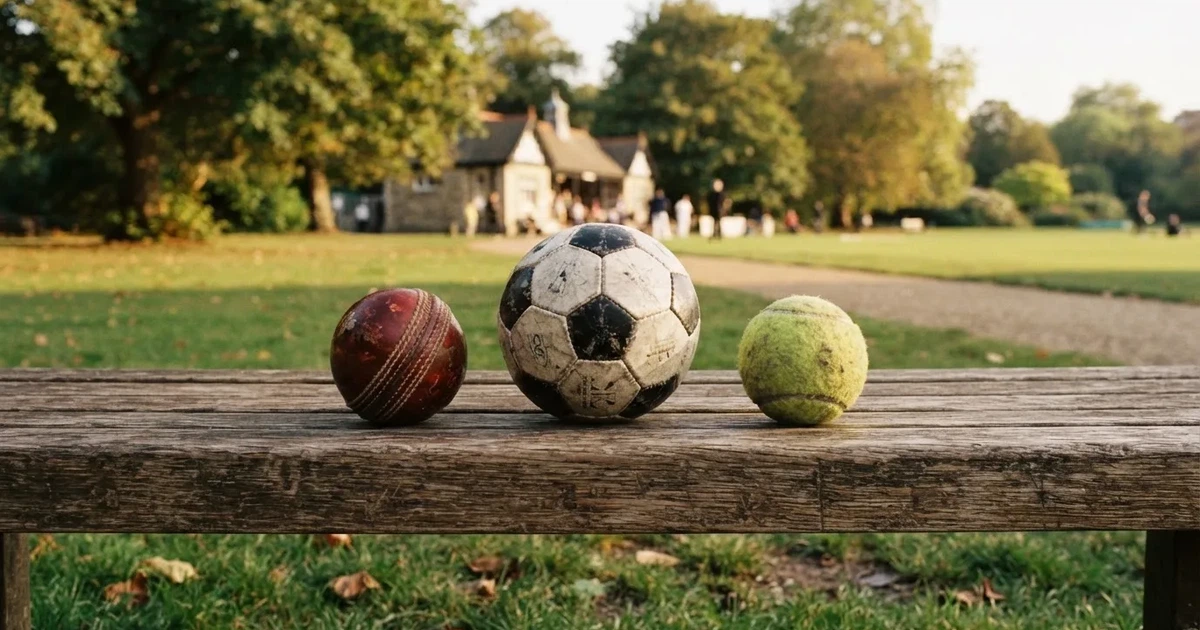 Three balls of different kinds side by side on a wooden bench