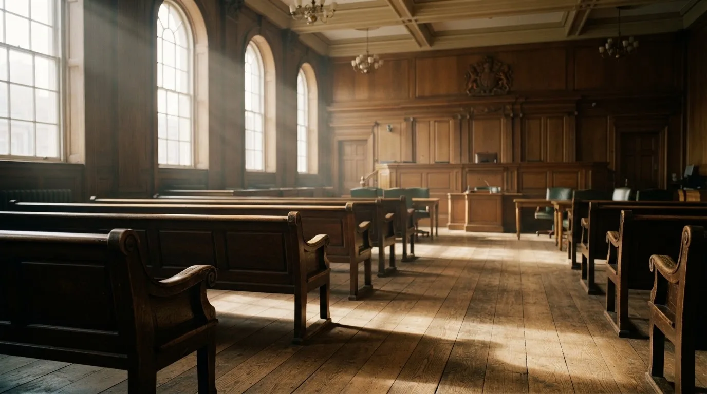 An empty courtroom with wooden benches in morning light