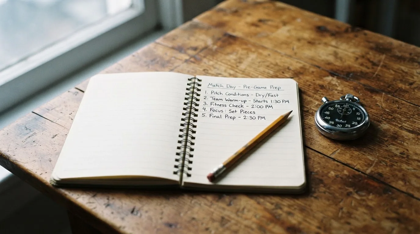 An open notebook with a pencil and a stopwatch on a wooden table