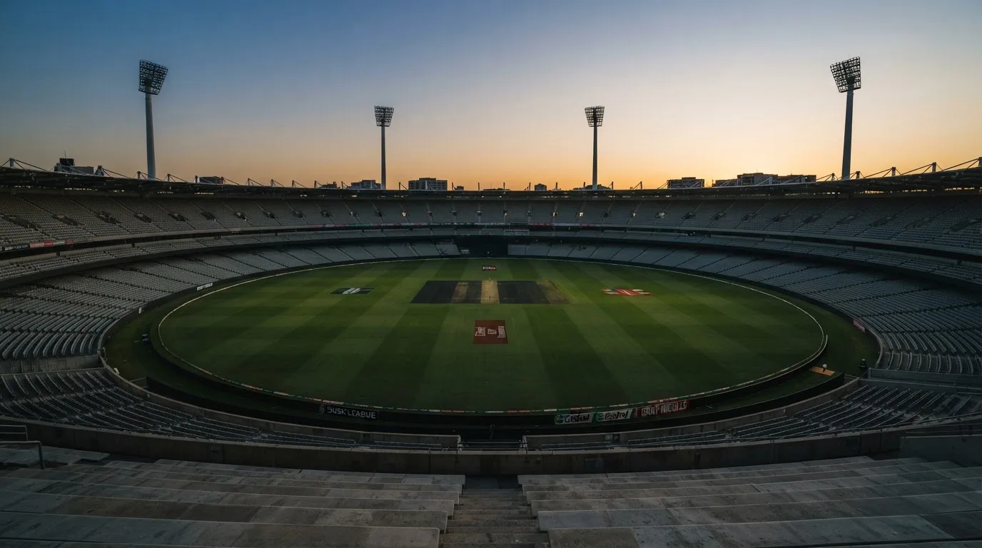 An empty football stadium with floodlight masts at dusk