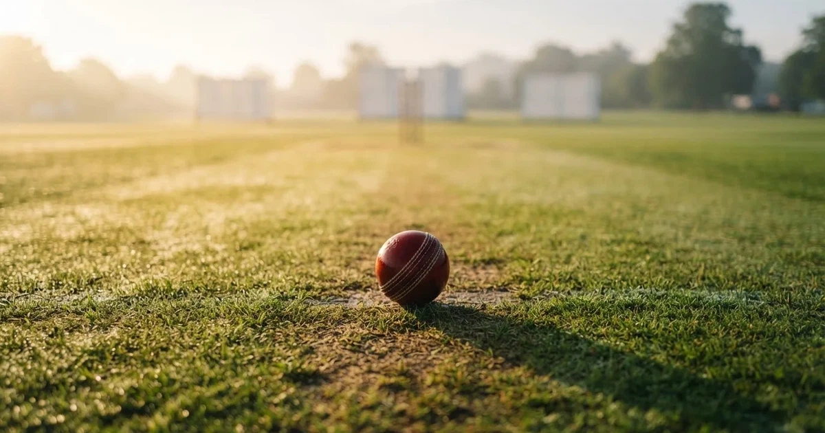 A ball on the centre spot of a grass pitch in morning light