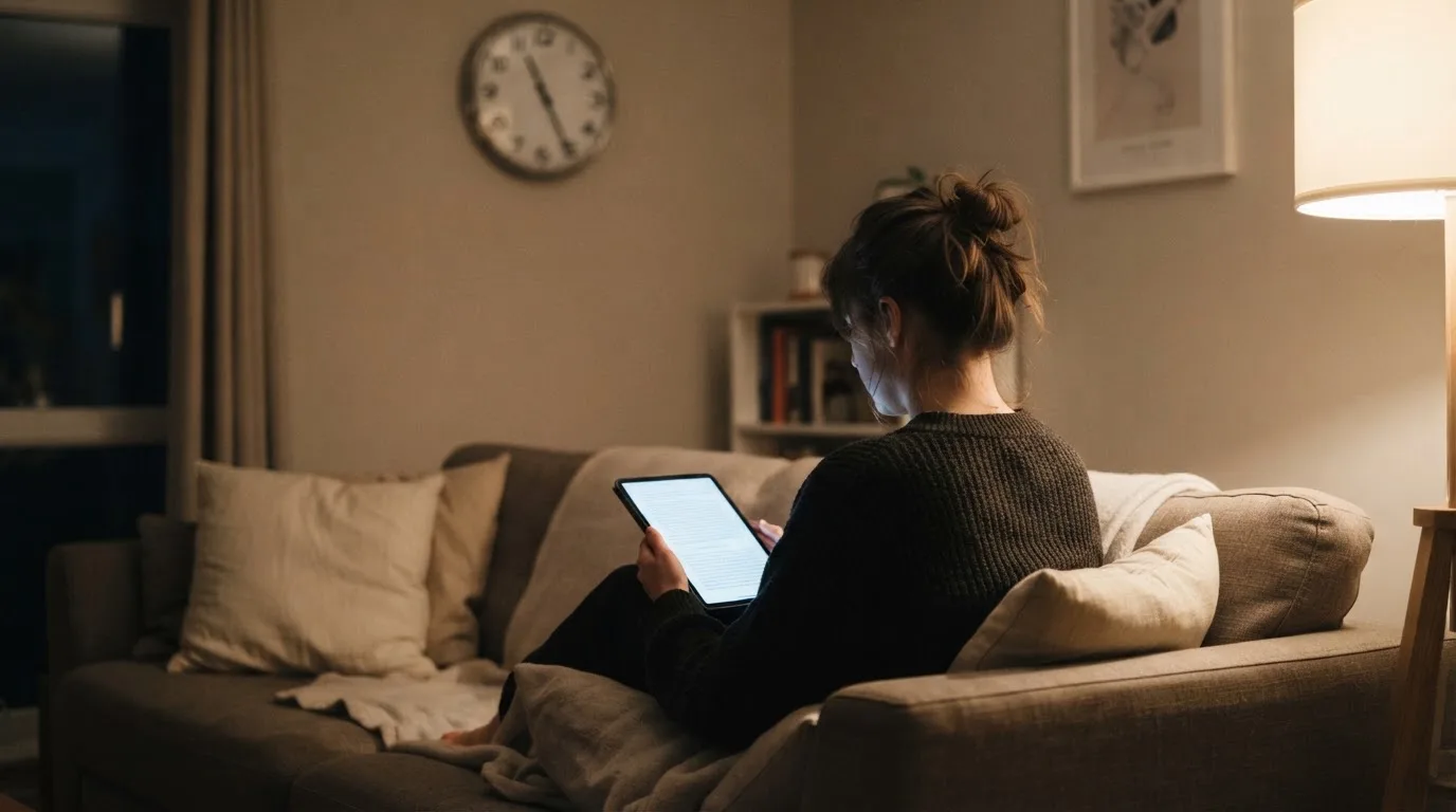 A person on a sofa looking thoughtfully at a tablet, a wall clock in the background