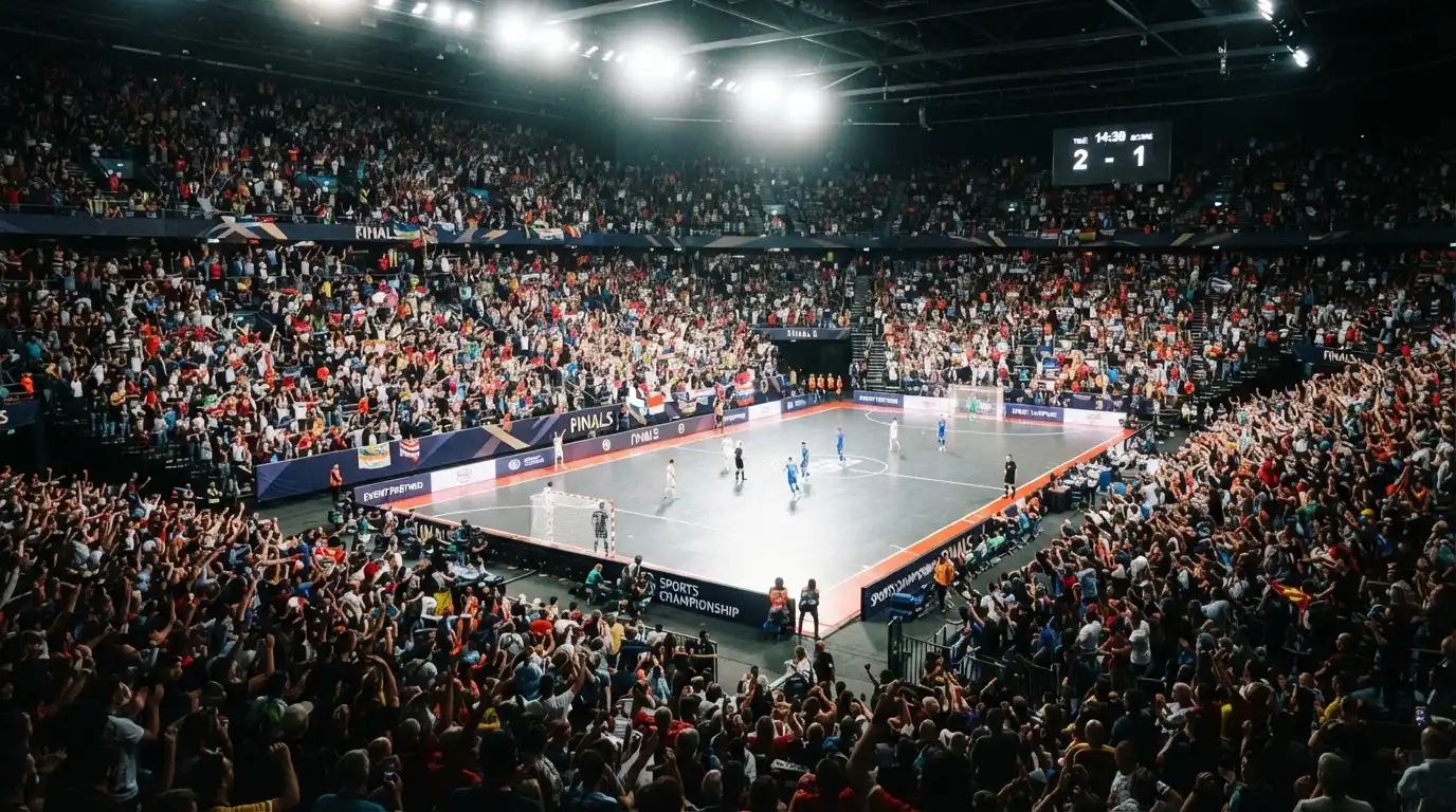A packed sports hall under floodlights photographed from a long way off