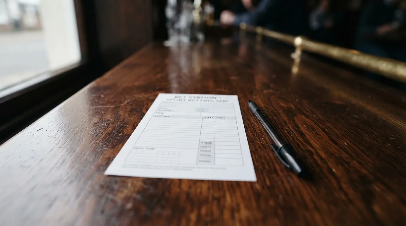 A blank paper betting slip beside a pen on a wooden counter