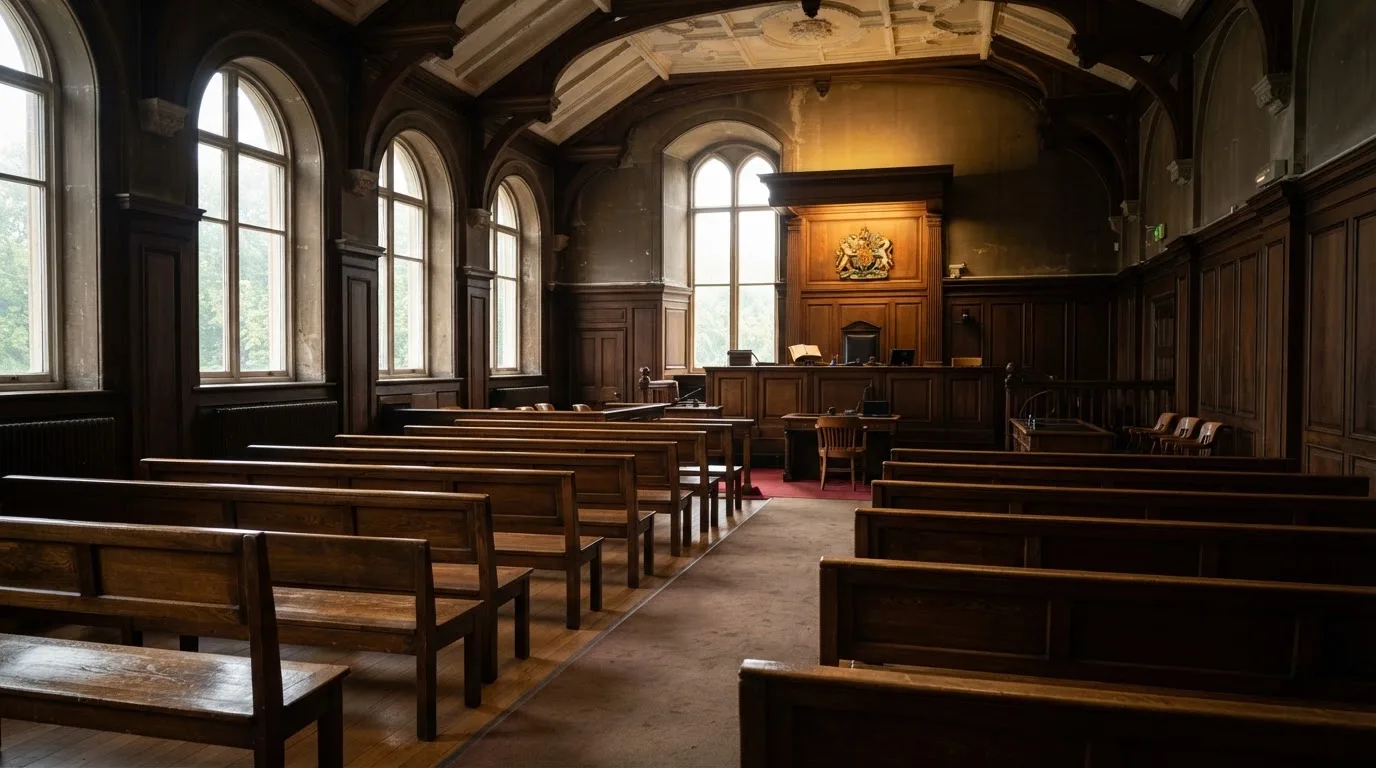 An empty courtroom with wooden benches in morning light