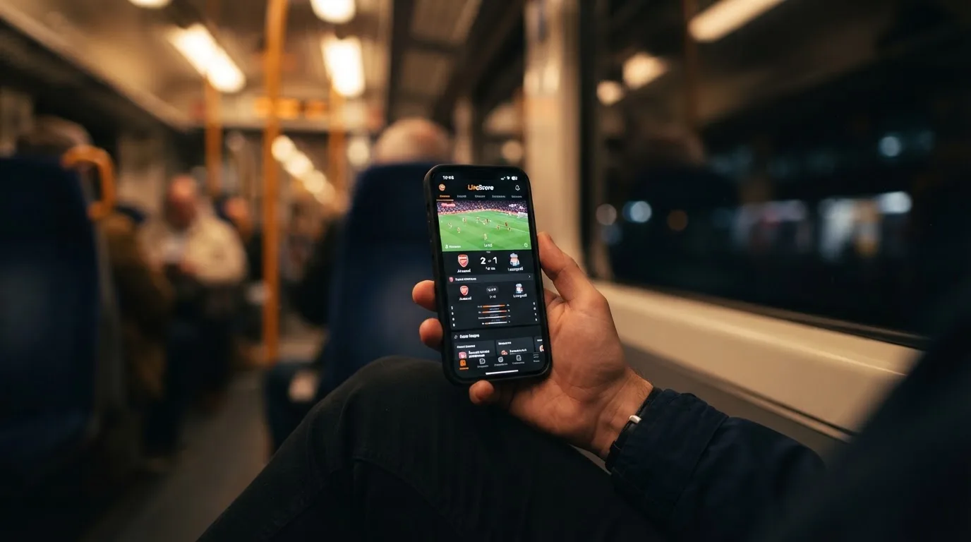 A hand holding a smartphone on a train in the evening, screen turned away