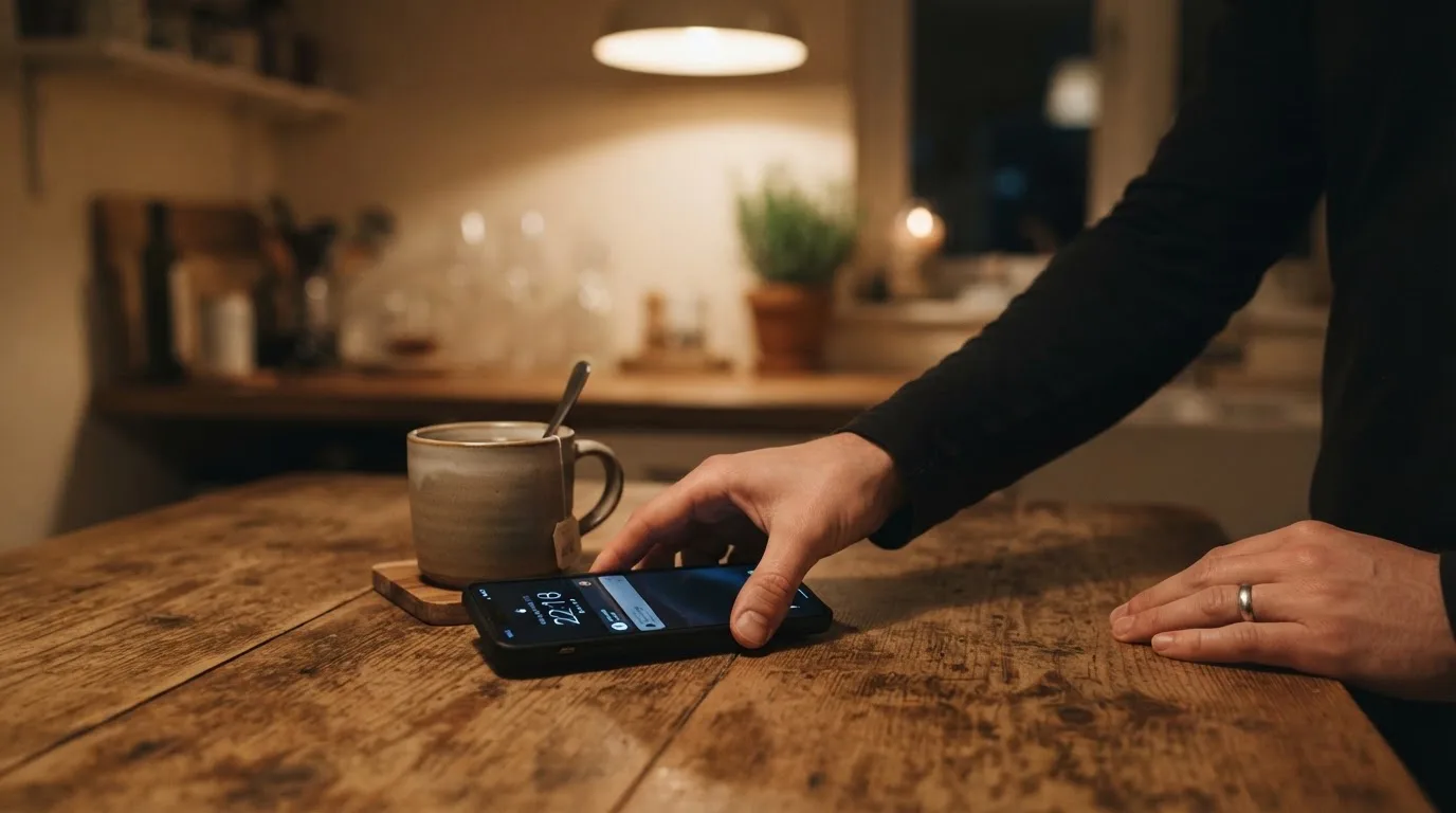 A hand setting a smartphone down beside a cup of tea on a kitchen table on a quiet evening