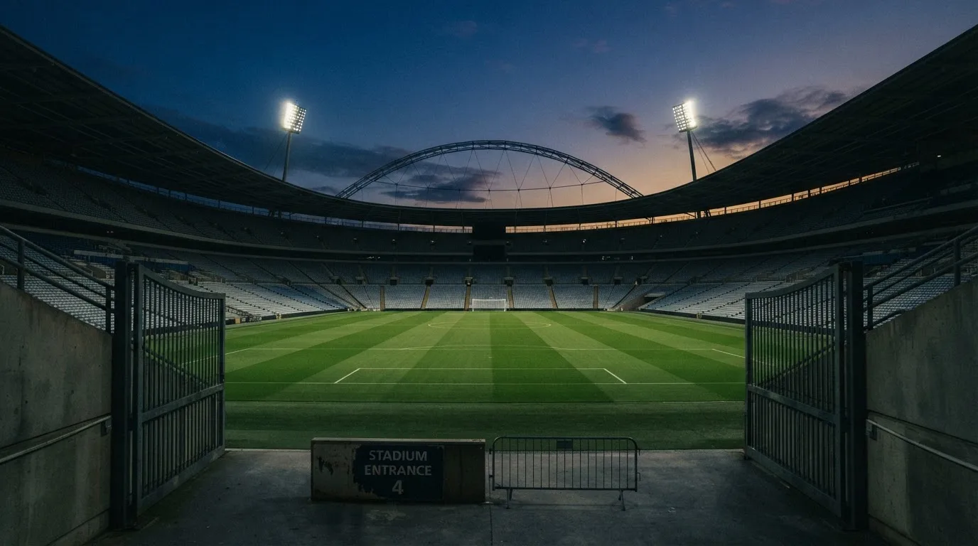 An empty football stadium with floodlight masts at dusk