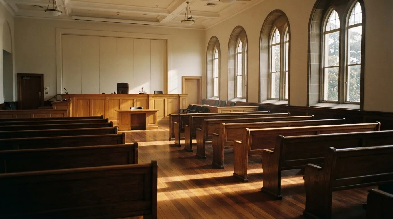 An empty courtroom with wooden benches in morning light