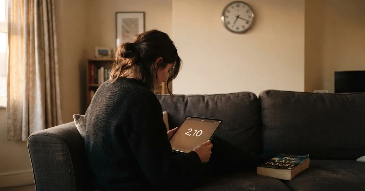 A person on a sofa looking thoughtfully at a tablet, a wall clock in the background