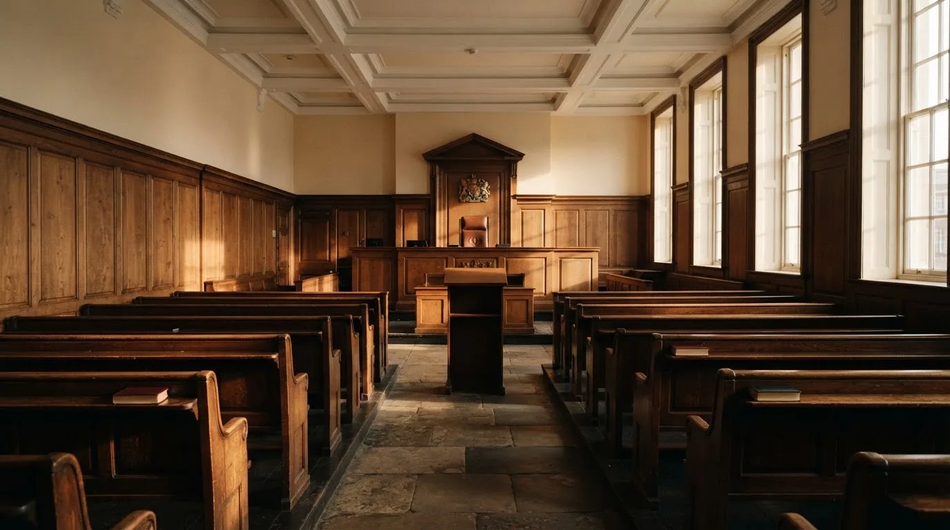 An empty courtroom with wooden benches in morning light