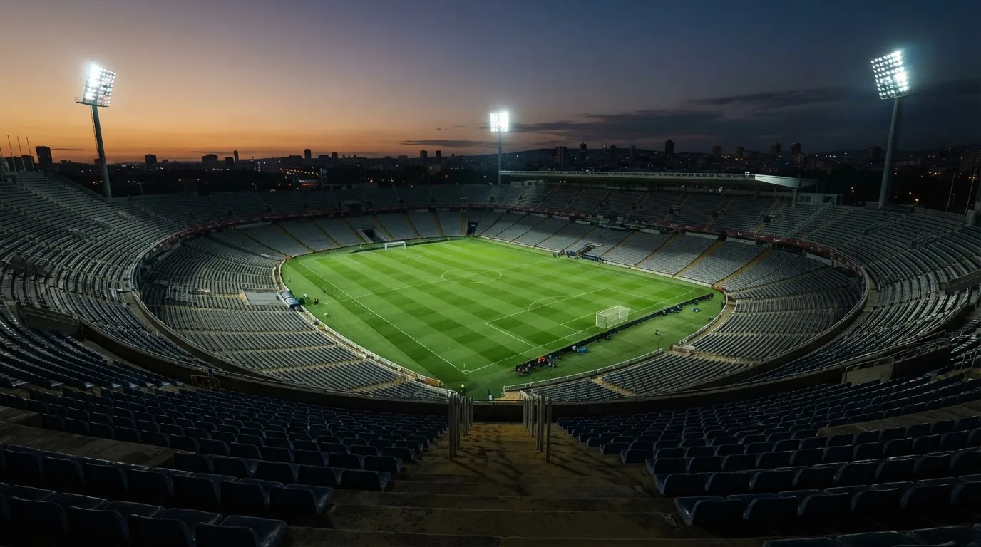 An empty football stadium with floodlight masts at dusk