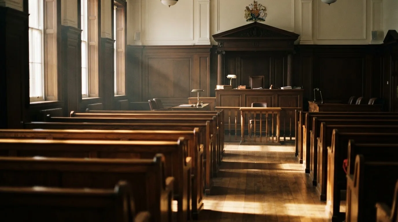 An empty courtroom with wooden benches in morning light