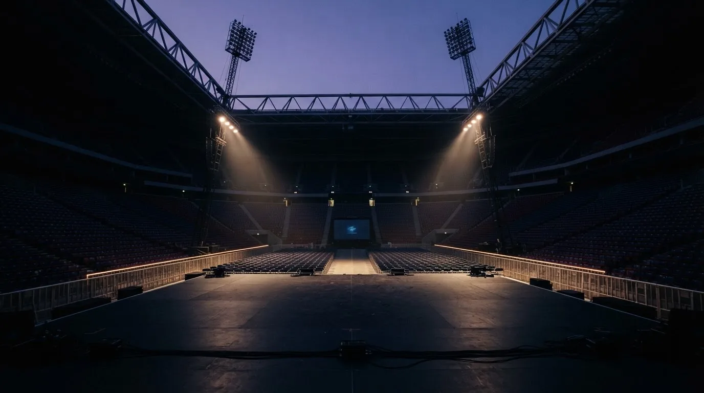 An empty football stadium with floodlight masts at dusk