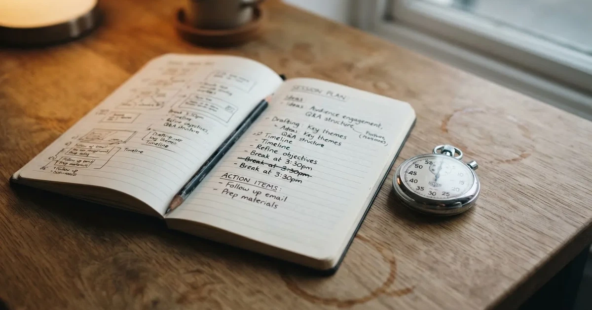 An open notebook with a pencil and a stopwatch on a wooden table