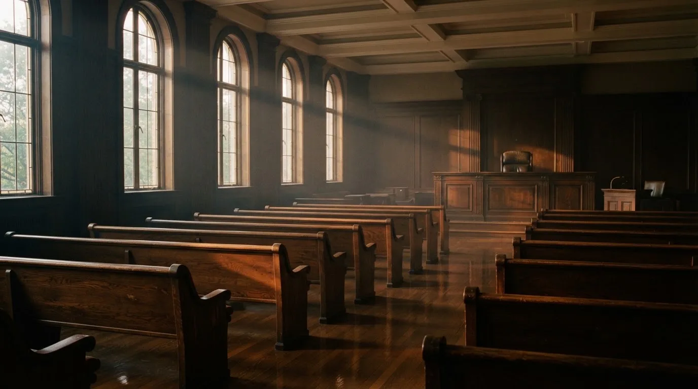 An empty courtroom with wooden benches in morning light