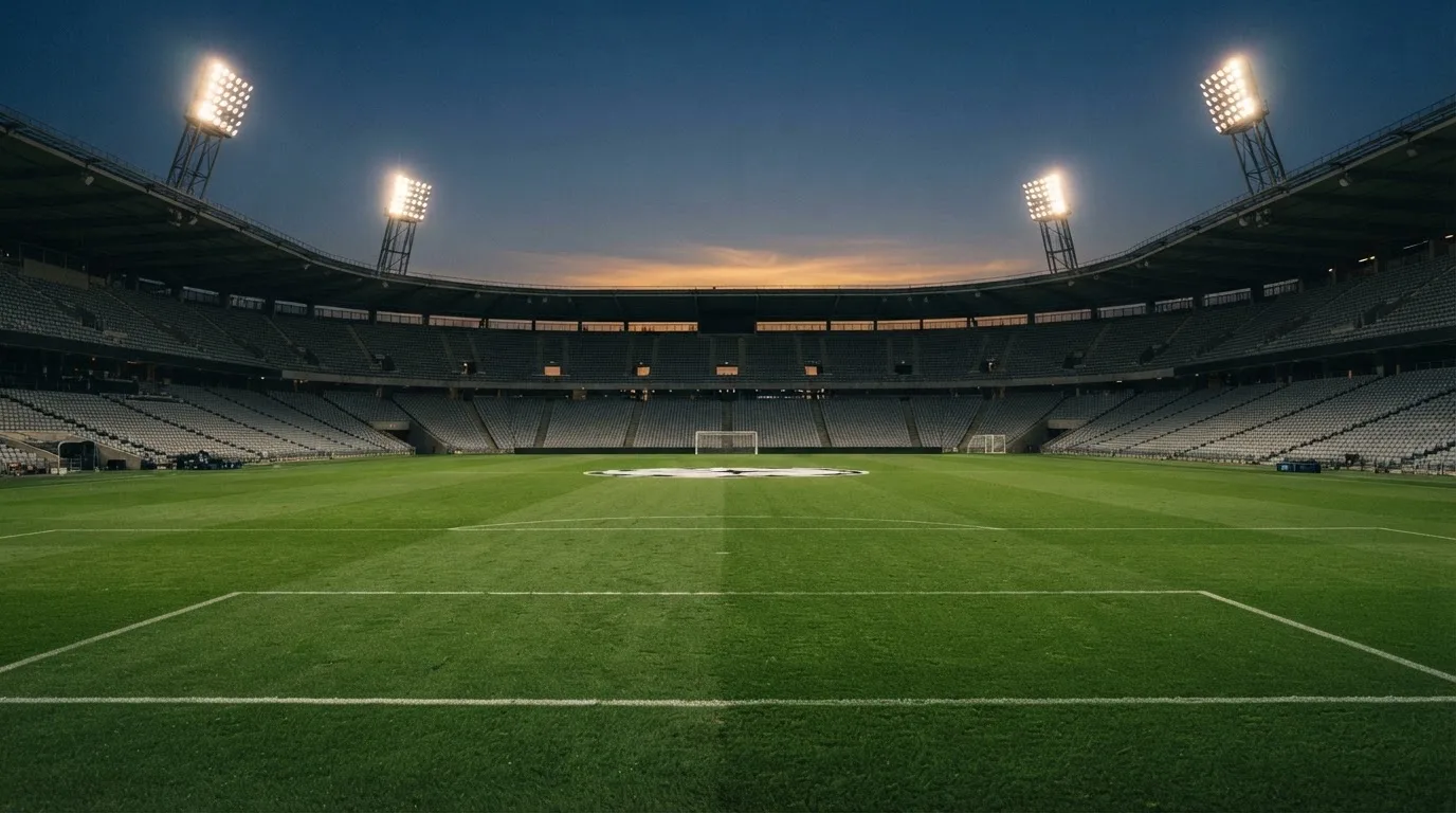 An empty football stadium with floodlight masts at dusk