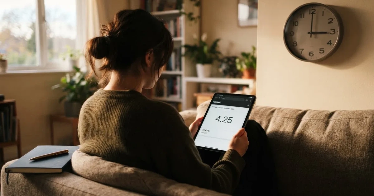 A person on a sofa looking thoughtfully at a tablet, a wall clock in the background