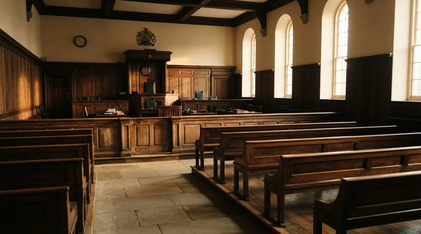 An empty courtroom with wooden benches in morning light