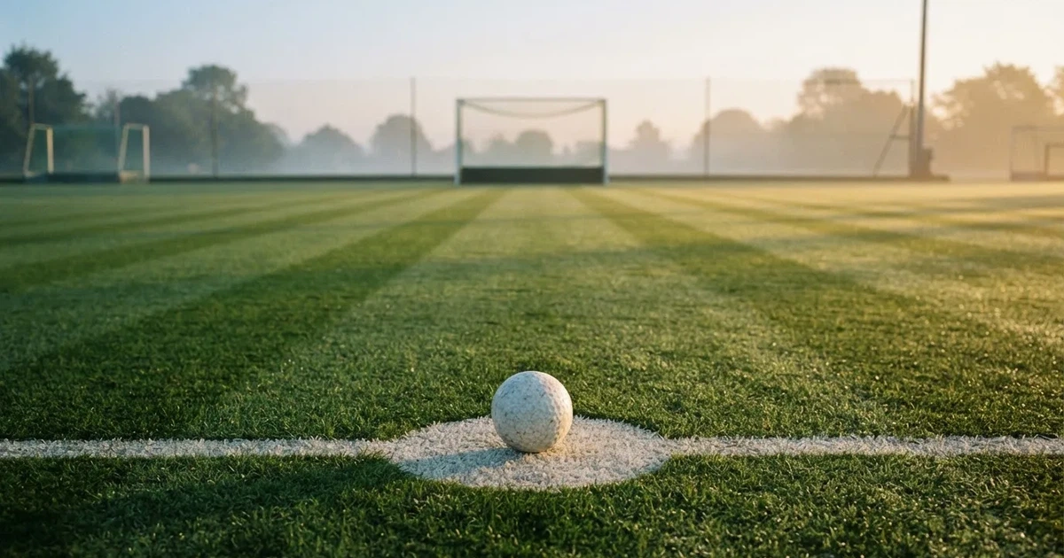 A ball on the centre spot of a grass pitch in morning light