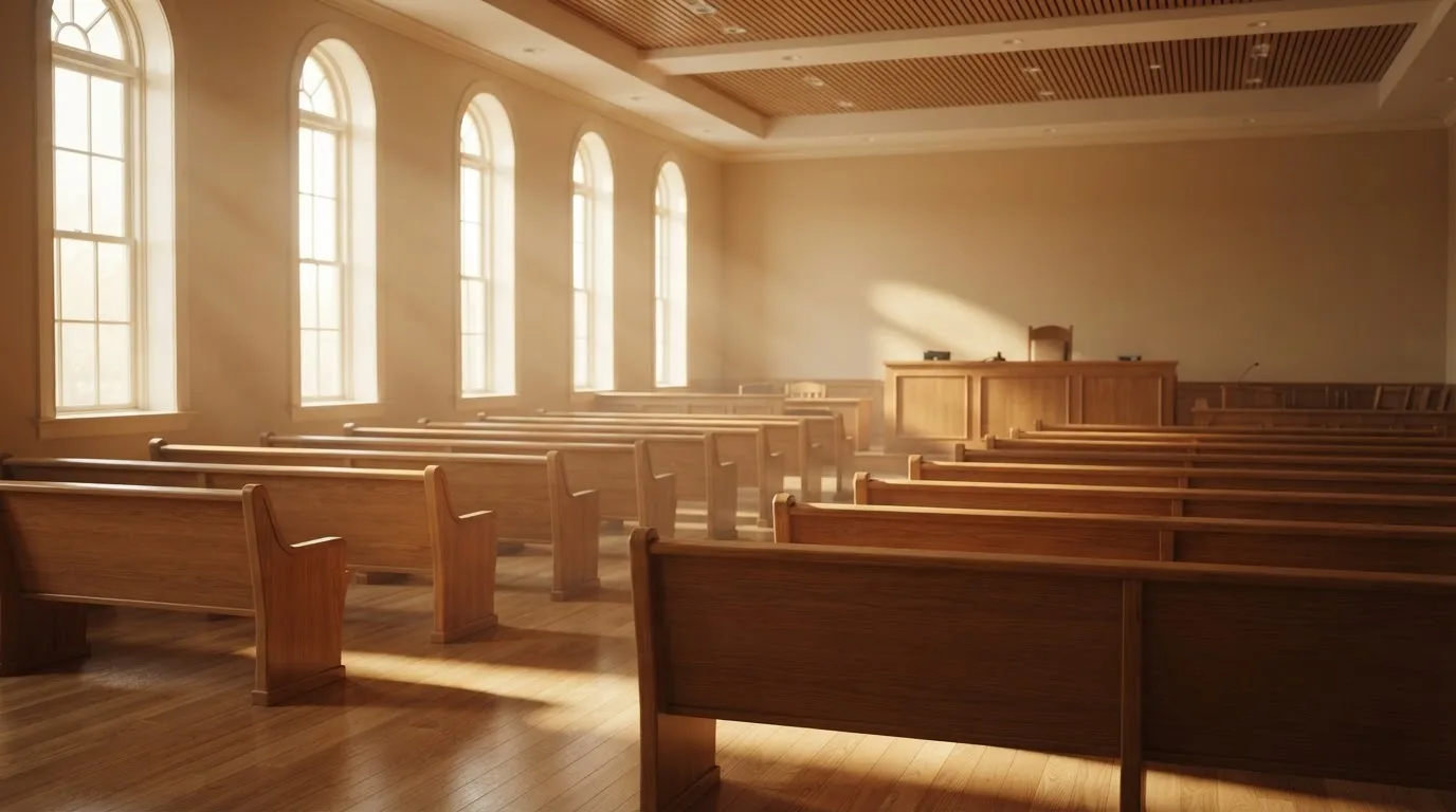 An empty courtroom with wooden benches in morning light