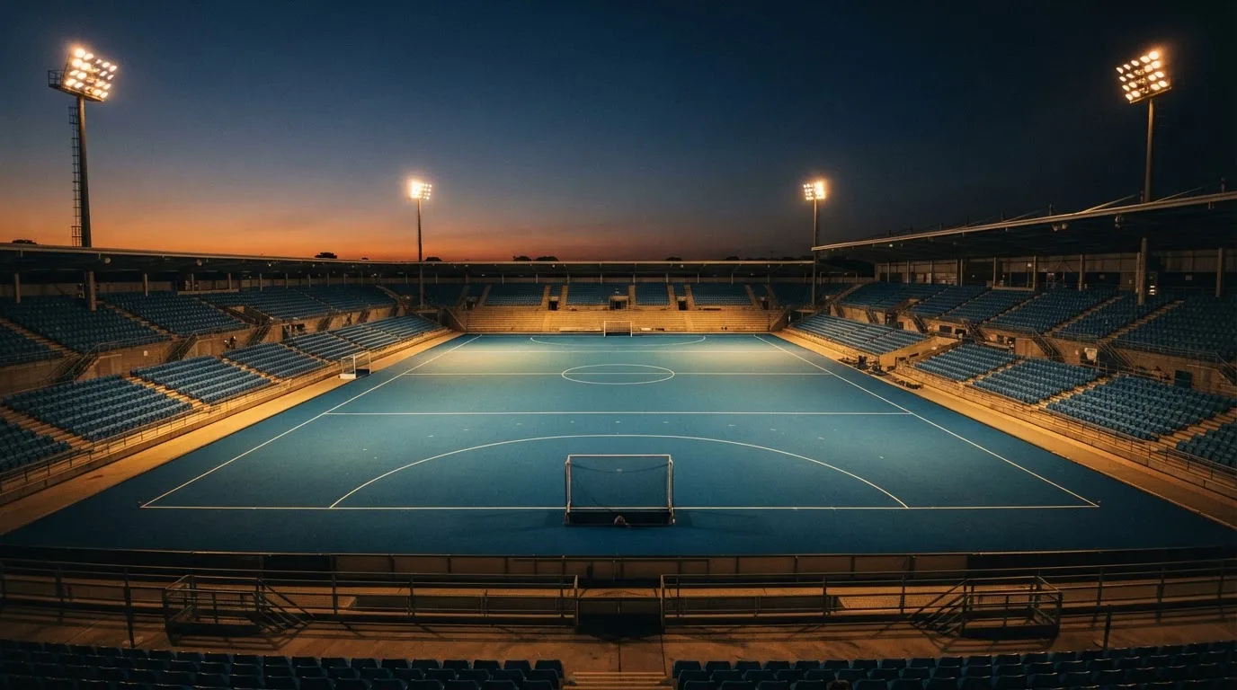 An empty football stadium with floodlight masts at dusk