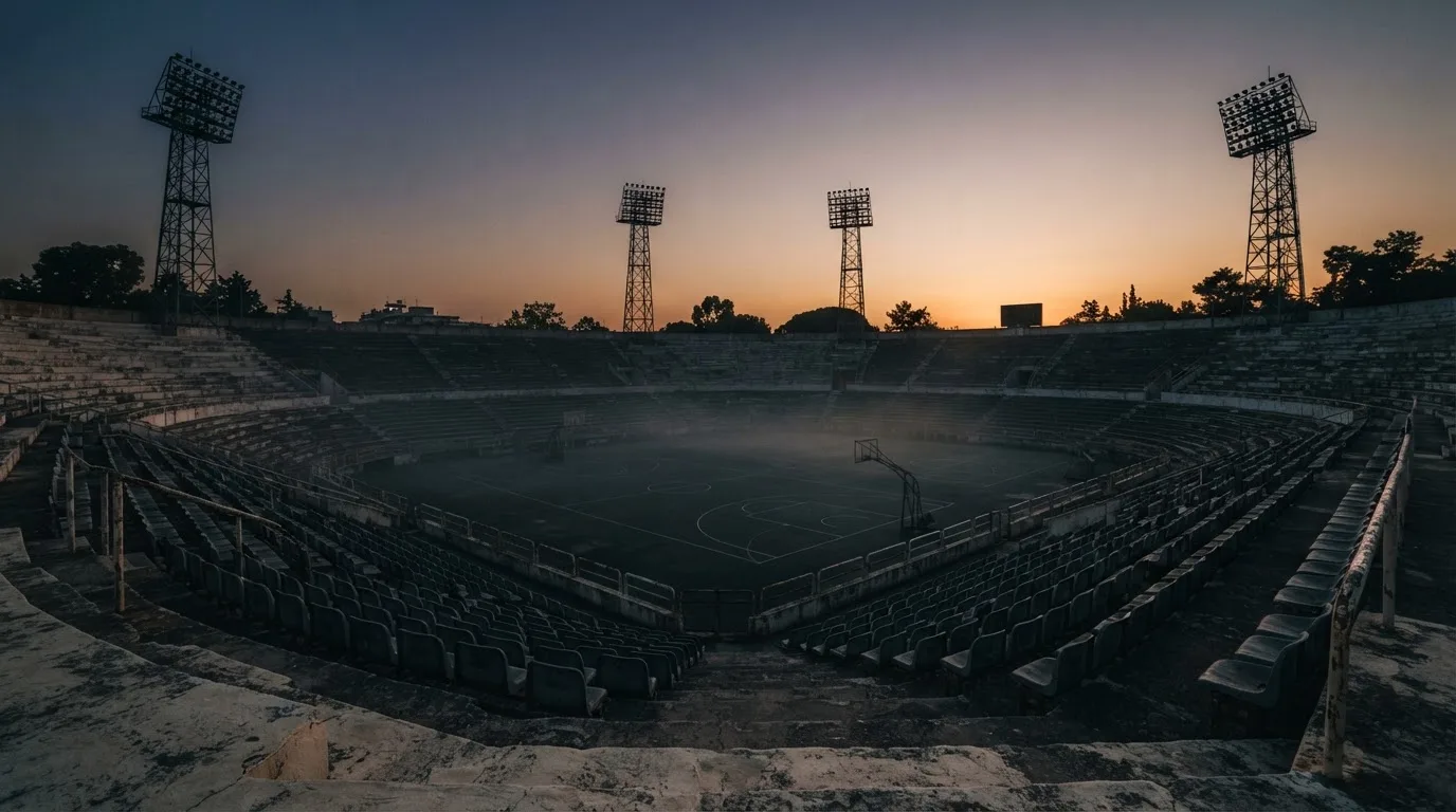 An empty football stadium with floodlight masts at dusk