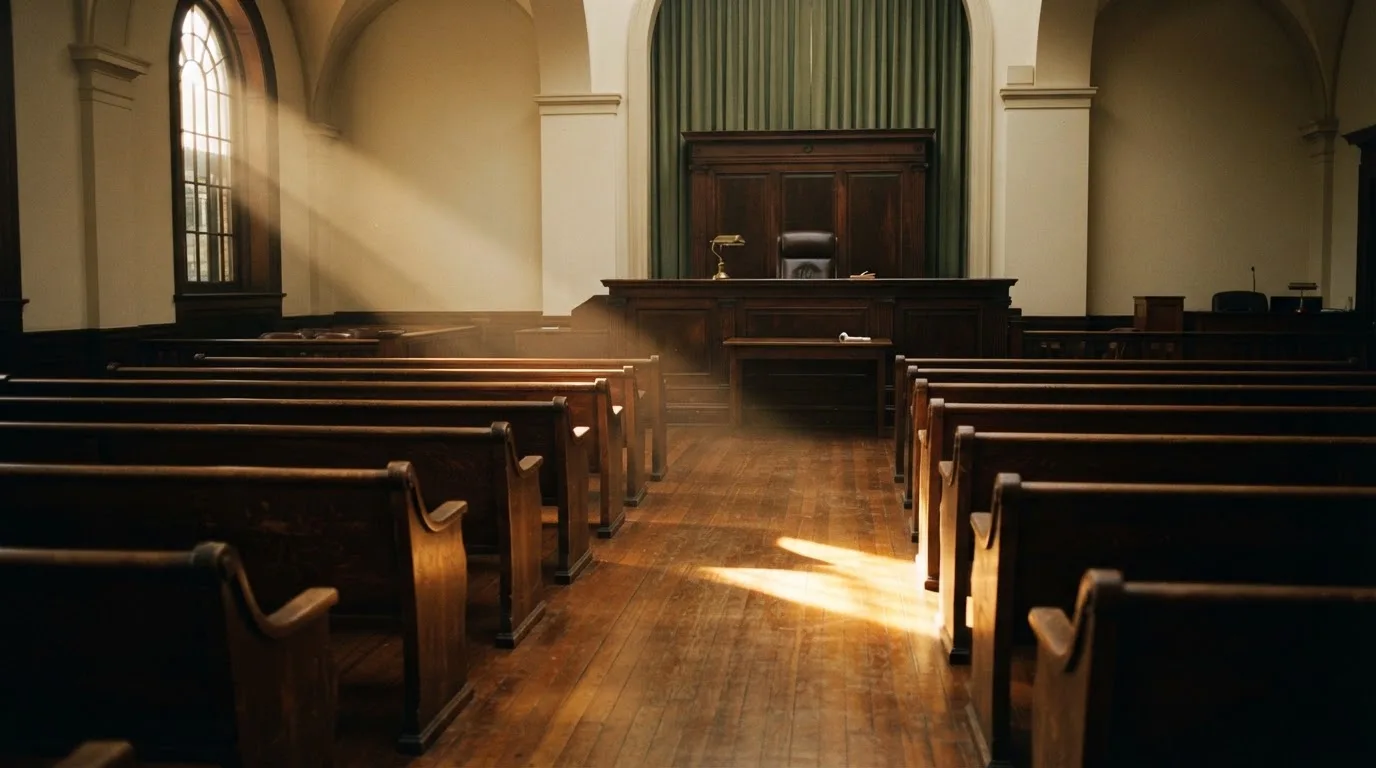 An empty courtroom with wooden benches in morning light