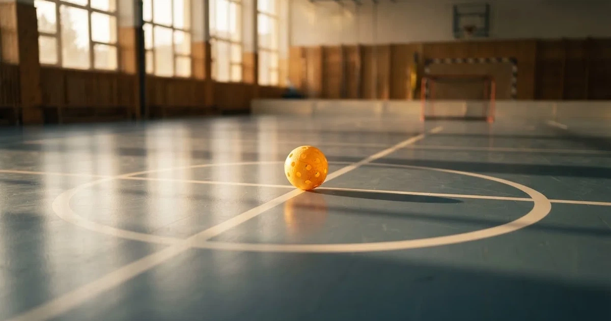 A ball on the centre spot of a grass pitch in morning light