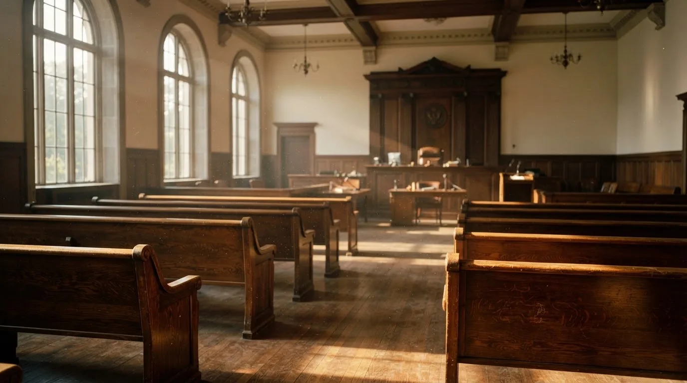 An empty courtroom with wooden benches in morning light
