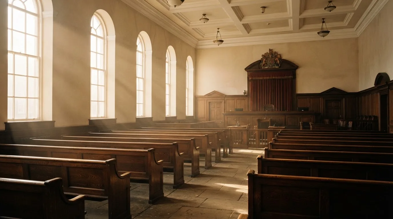 An empty courtroom with wooden benches in morning light