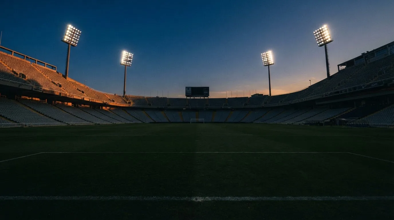 An empty football stadium with floodlight masts at dusk