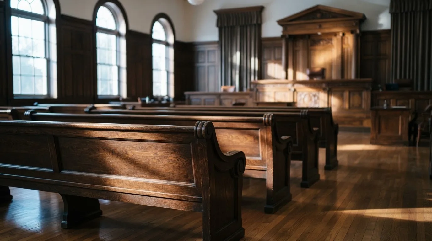 An empty courtroom with wooden benches in morning light