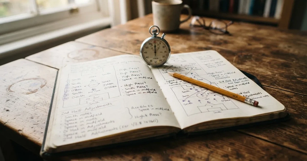 An open notebook with a pencil and a stopwatch on a wooden table