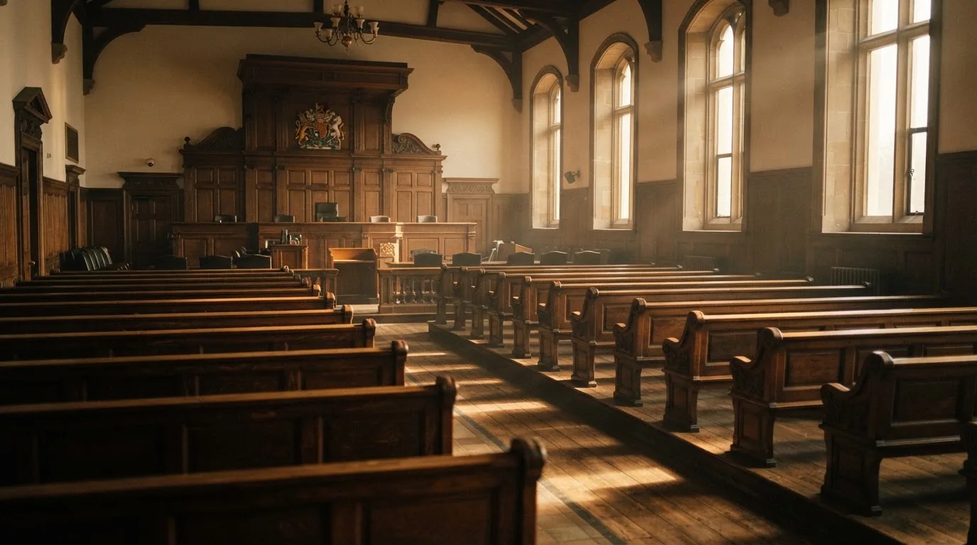 An empty courtroom with wooden benches in morning light