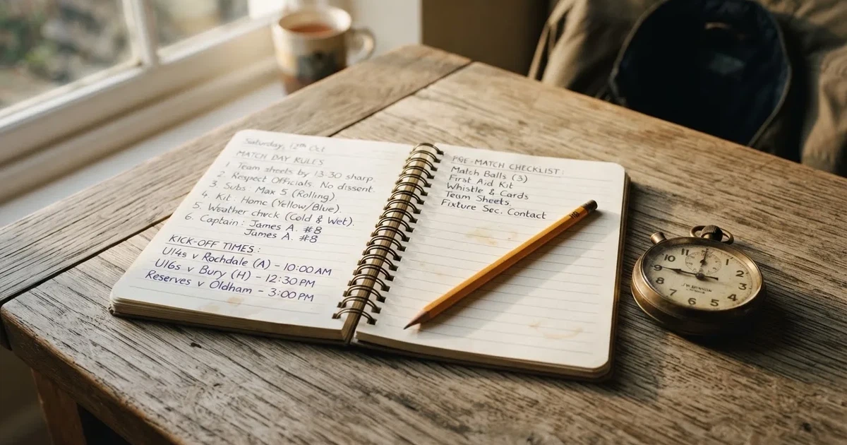 An open notebook with a pencil and a stopwatch on a wooden table