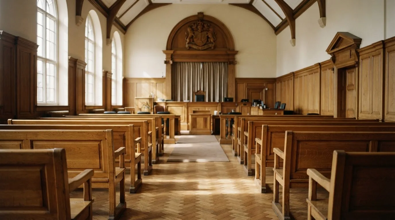 An empty courtroom with wooden benches in morning light