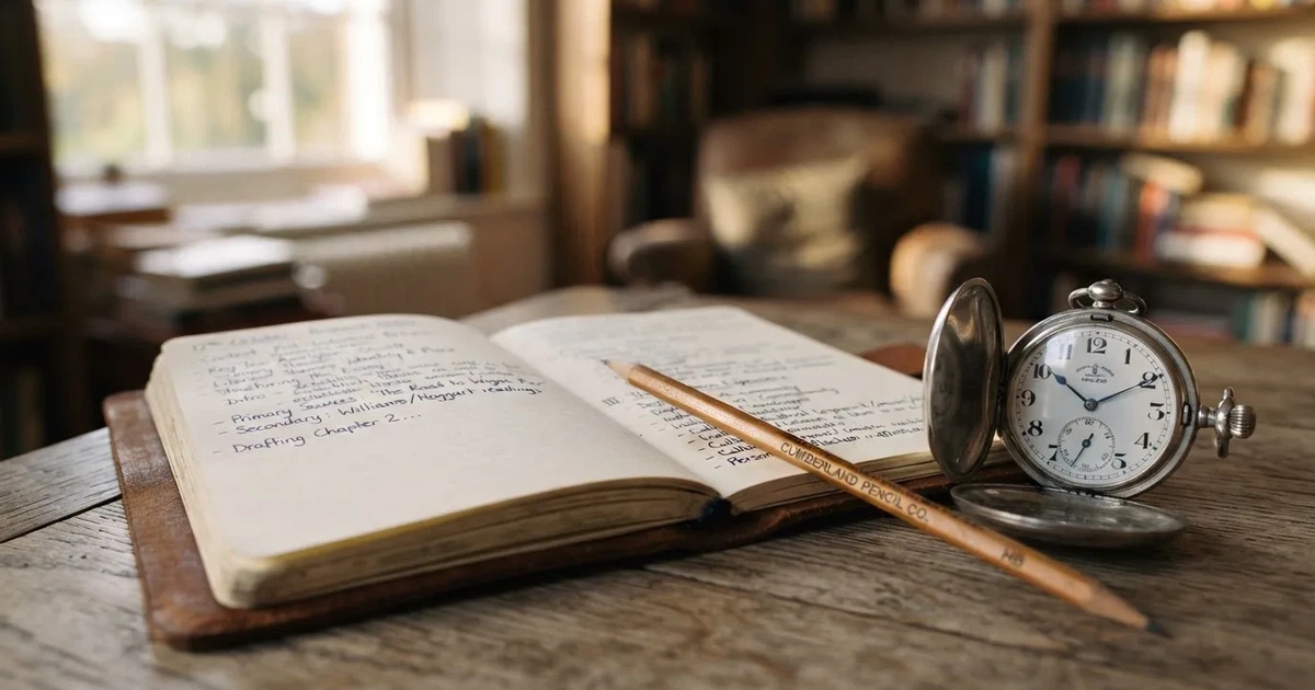 An open notebook with a pencil and a stopwatch on a wooden table