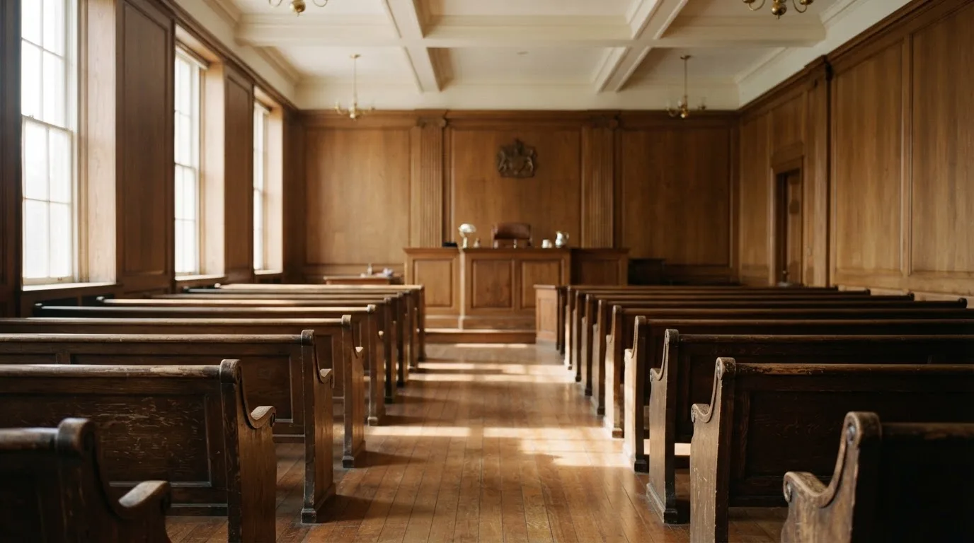 An empty courtroom with wooden benches in morning light