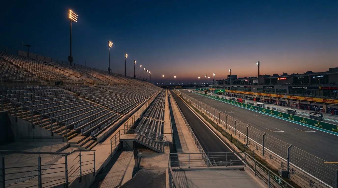 An empty football stadium with floodlight masts at dusk