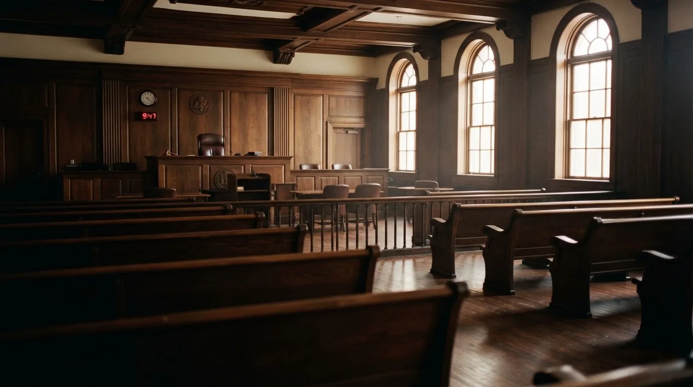 An empty courtroom with wooden benches in morning light